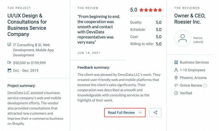 DevsData LLC's New Five Star Rating Review on Clutch for UI/UX Design Consultation Project thumbnail