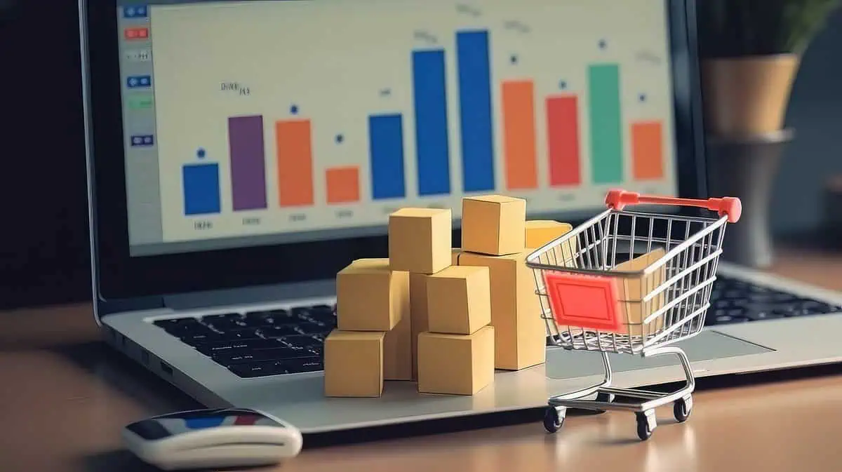 Paper boxes and a shopping cart overlaid on a data graph background