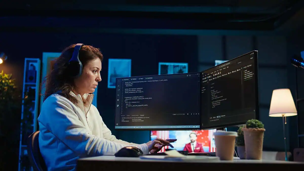 Programistka Ruby on Rails pracująca nad kodem w nowoczesnym biurze.