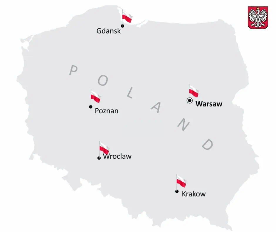 Map of Poland highlighting major cities—Warsaw, Krakow, Wroclaw, Poznan, and Gdansk