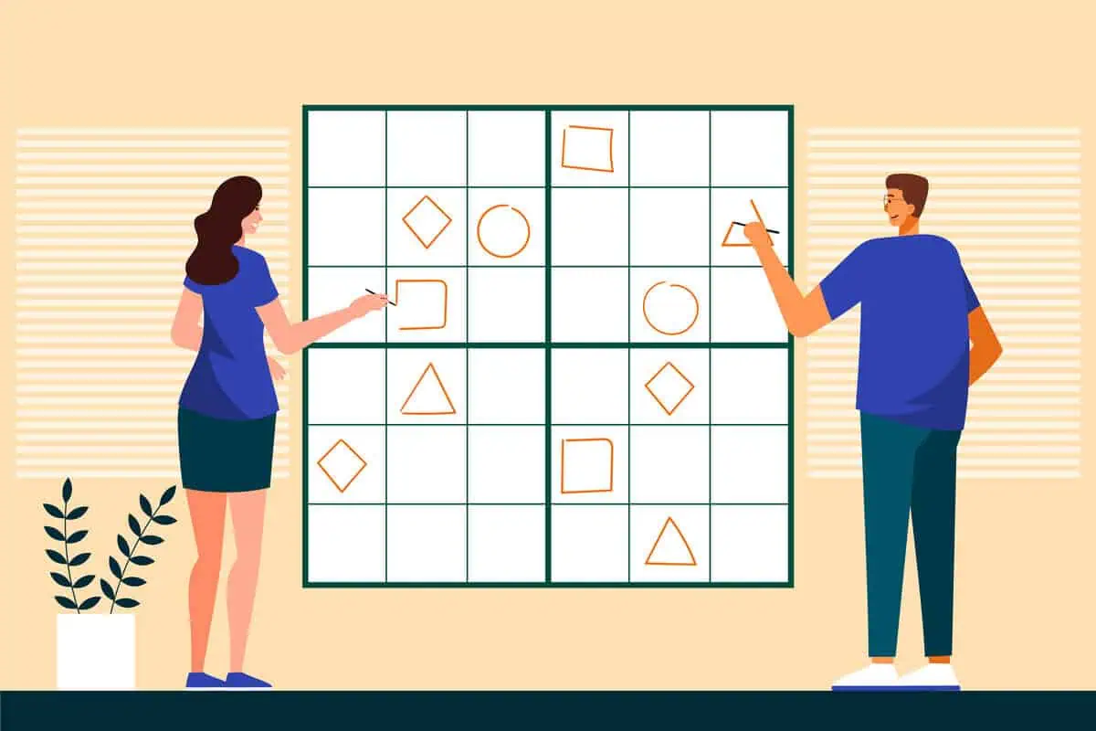 Cartoon illustration comparing project and product mindset puzzles.