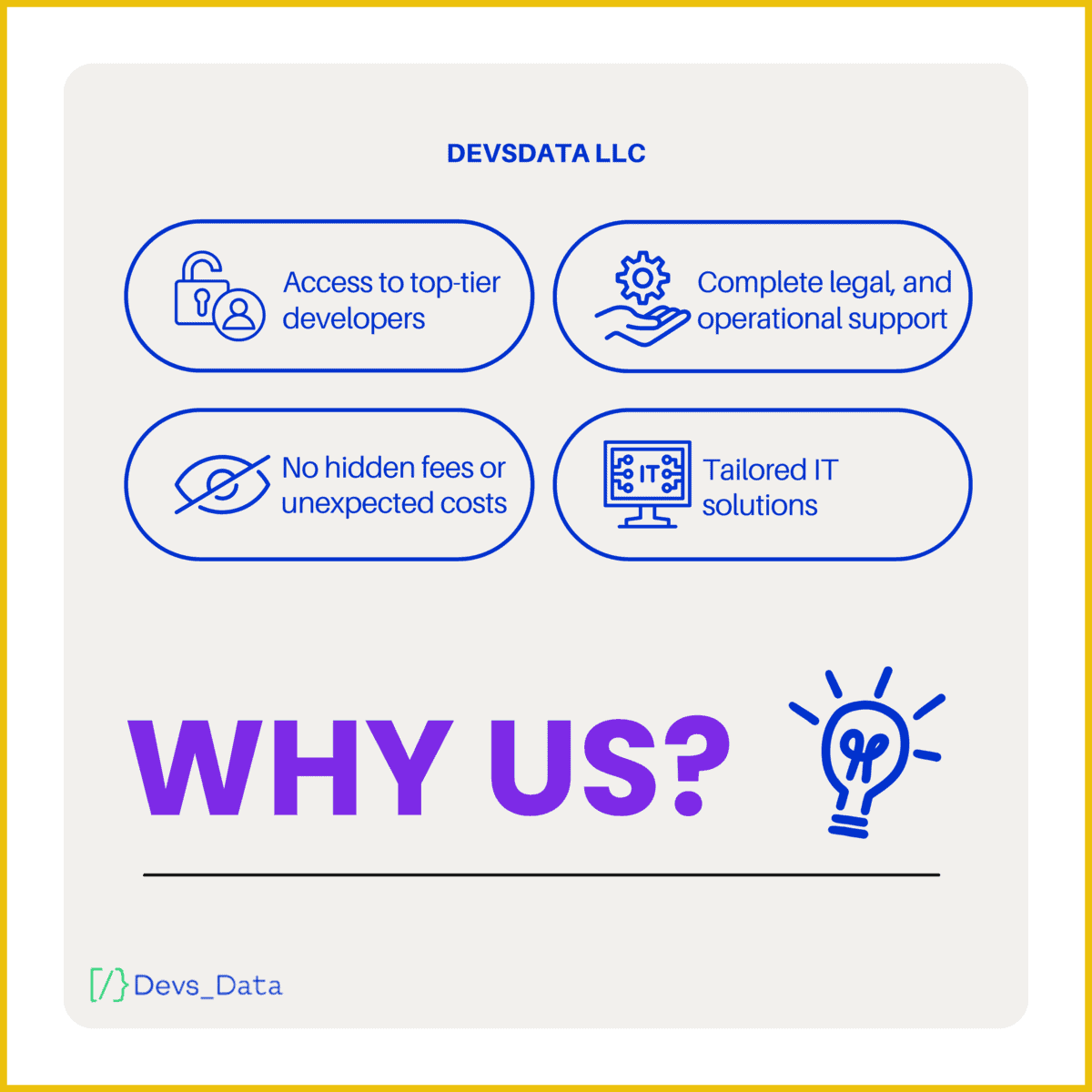 DevsData LLC Why Us infographic: Access to top-tier developers, Complete legal and operational support, No hidden fees or unexpected costs, Tailored IT solutions.