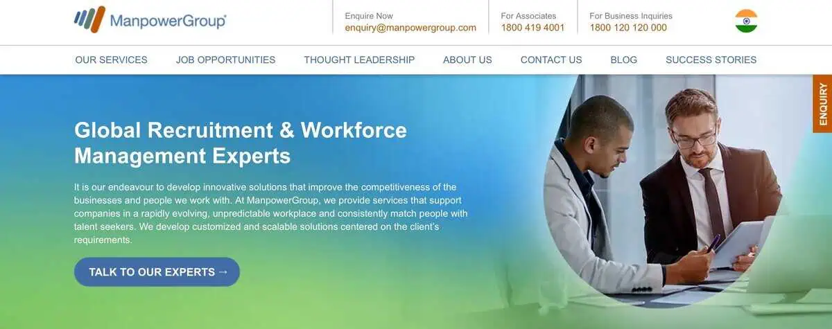 Screenshot of ManpowerGroup India homepage showing recruitment and workforce management experts.