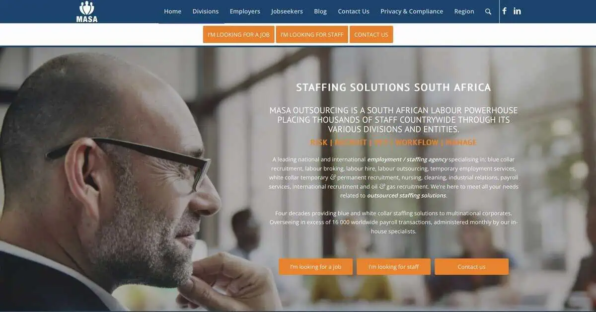 Screenshot of Measured Ability (MASA) homepage showing staffing solutions South Africa.