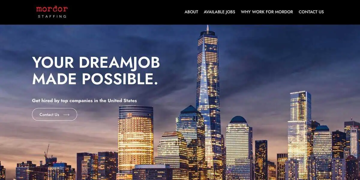 Screenshot of Mordor Staffing homepage Your Dreamjob Made Possible.