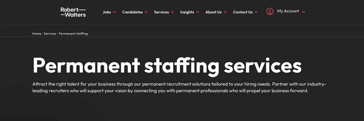Screenshot of Robert Walters homepage showing permanent staffing services.