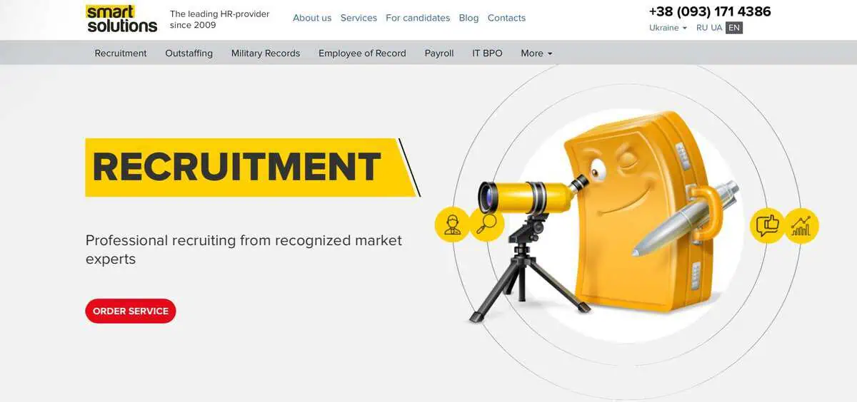 Screenshot of Smart Solutions HR Provider homepage showing recruitment services.