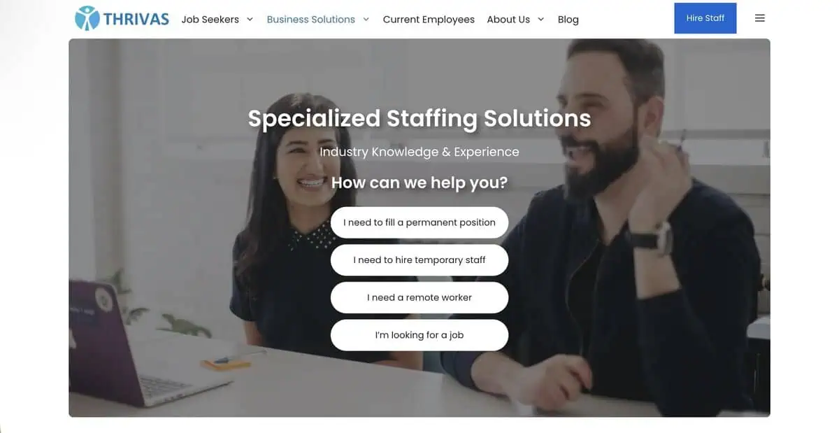 Screenshot of Thrivas Staffing Agency homepage offering specialized staffing solutions.