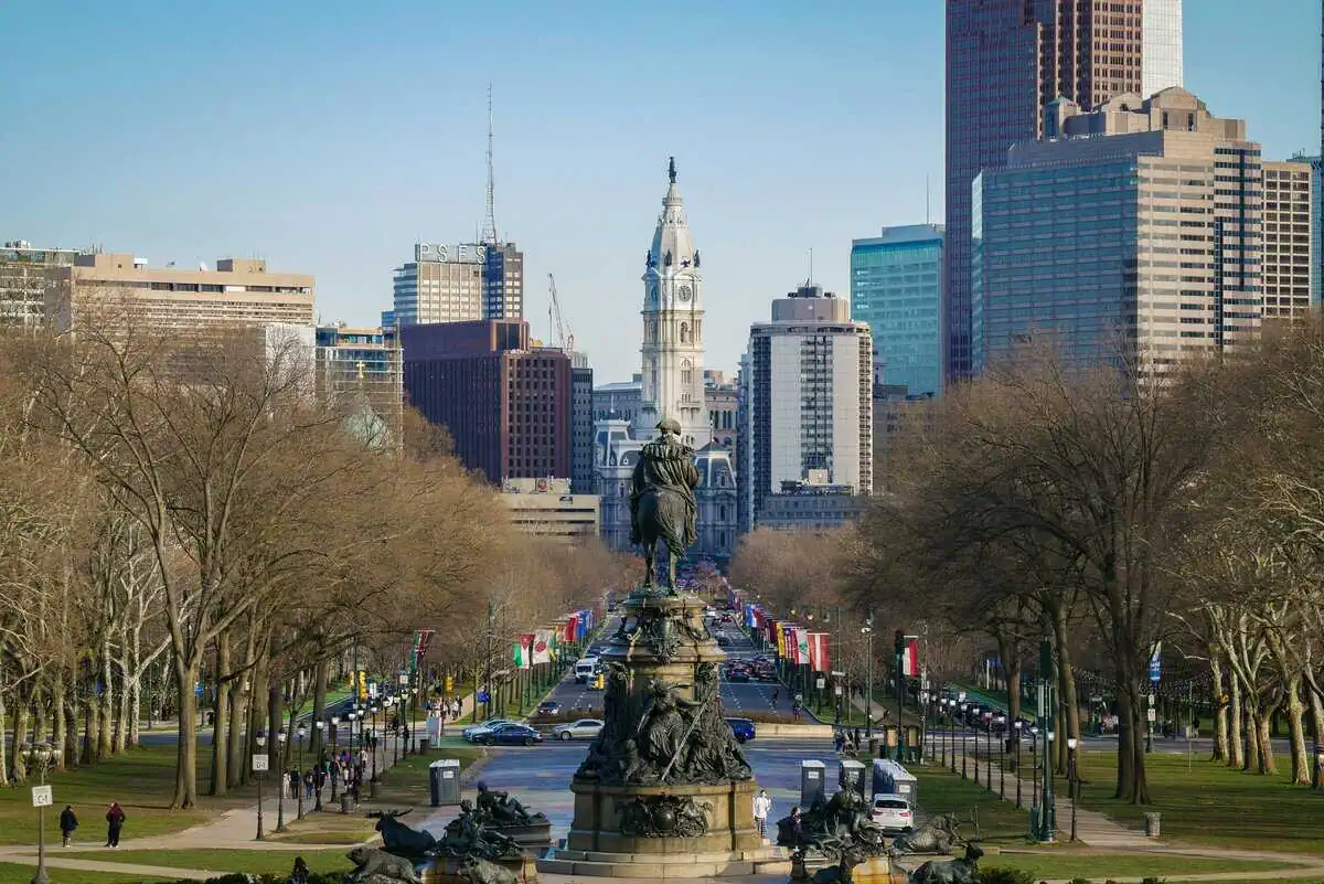 A view of Philadelphia with a statue in the middle.
