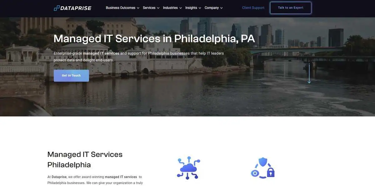 Screenshot of Dataprise homepage for managed IT services in Philadelphia, PA.