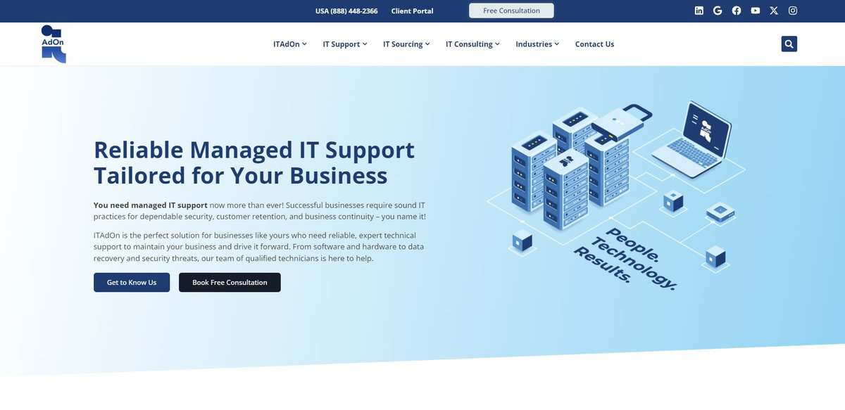 Screenshot of ITAdOn IT Solutions homepage - Reliable Managed IT Support. testimonial