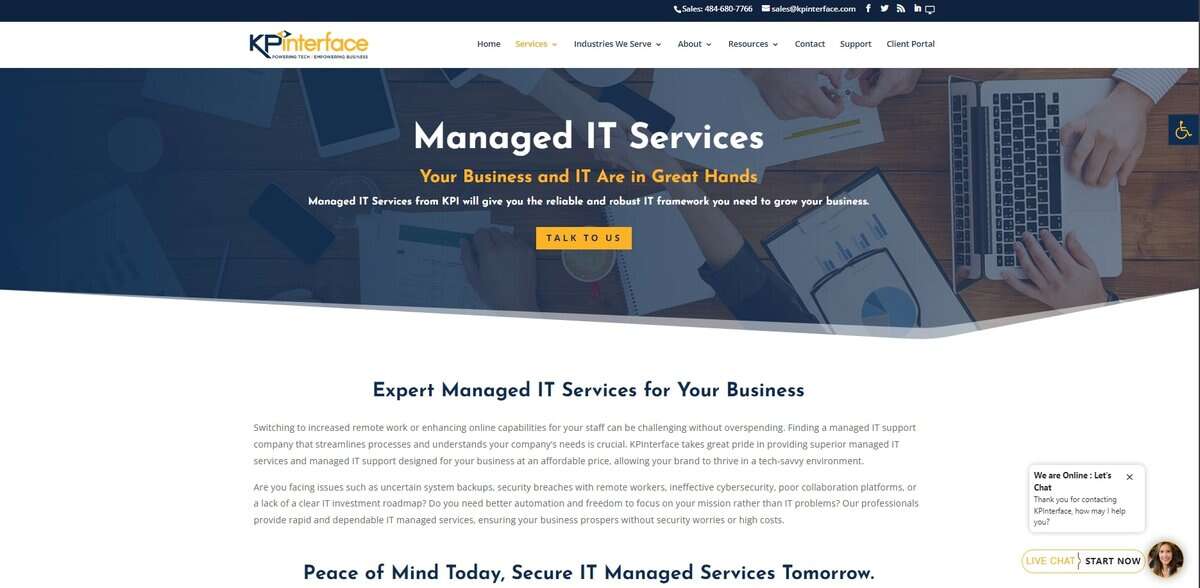 Screenshot of KPInterface homepage showing managed IT services. testimonial