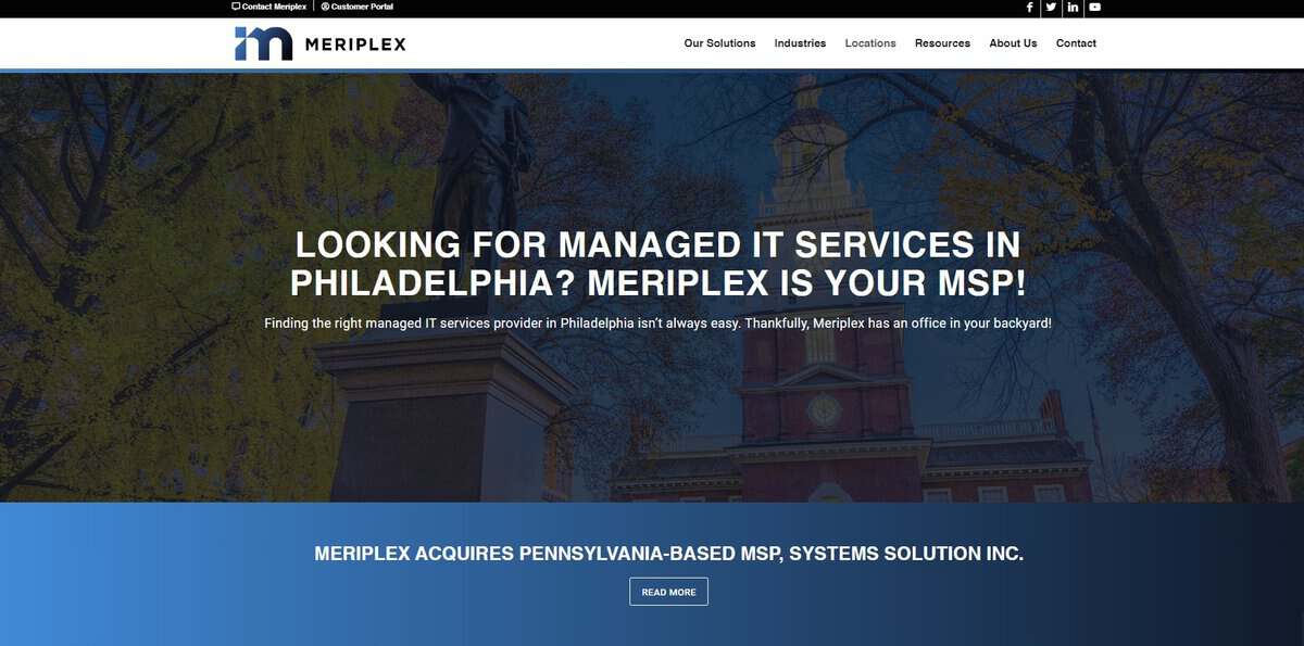 Screenshot of Meriplex Communications homepage for Philadelphia managed IT services. testimonial