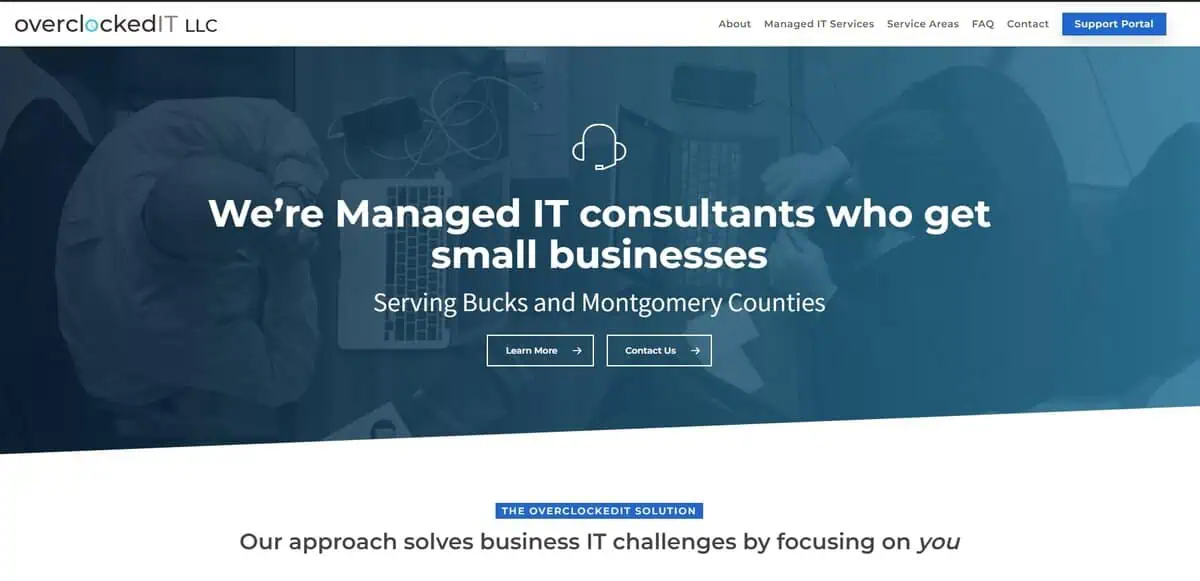 Screenshot of OverclockedIT LLC homepage - Managed IT consultants for small businesses.