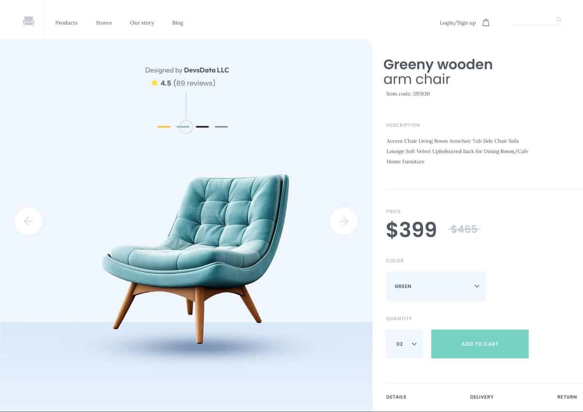E-commerce product page for a greeny wooden arm chair priced at $399. testimonial