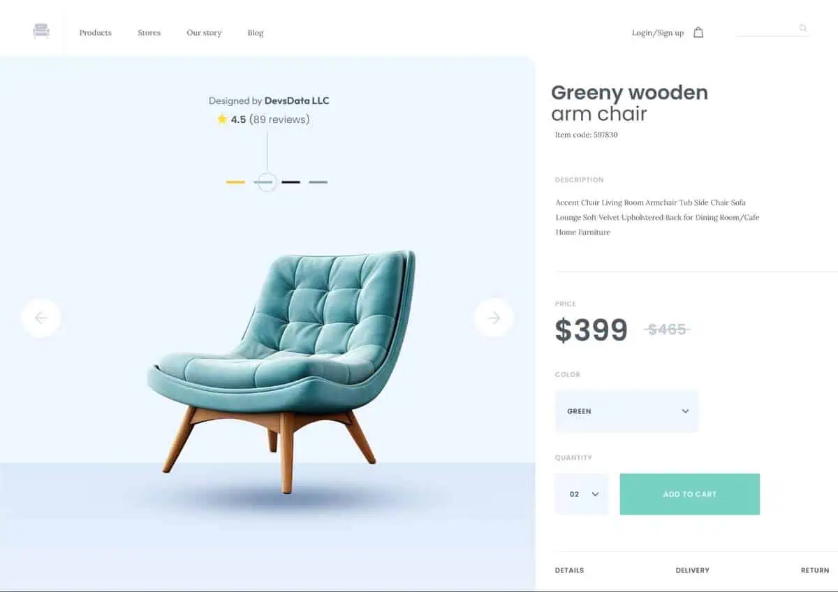 E-commerce product page for a greeny wooden arm chair priced at $399.