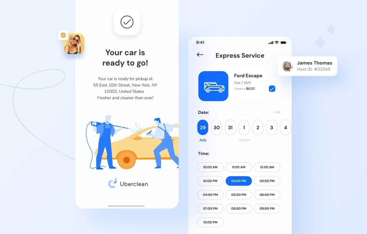 Mobile app interface showing a car rental service booking screen with Uberclean branding. testimonial