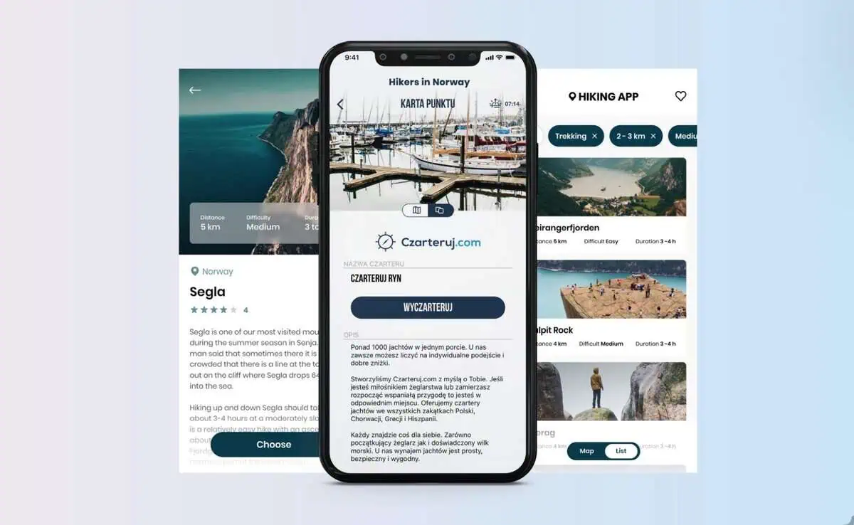 Mobile app design for a hiking app in Norway, showing trail details.