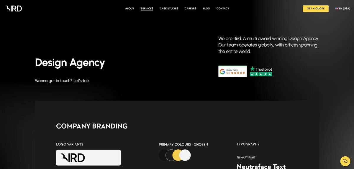 Screenshot of Bird Marketing Design Agency homepage showing company branding examples. testimonial