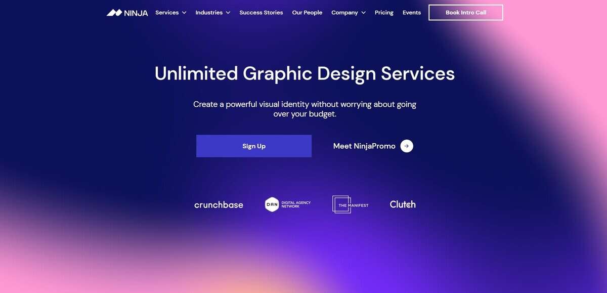 Screenshot of NinjaPromo homepage for Unlimited Graphic Design Services. testimonial