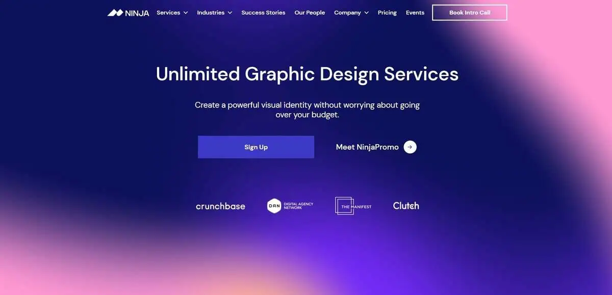 Screenshot of NinjaPromo homepage for Unlimited Graphic Design Services.