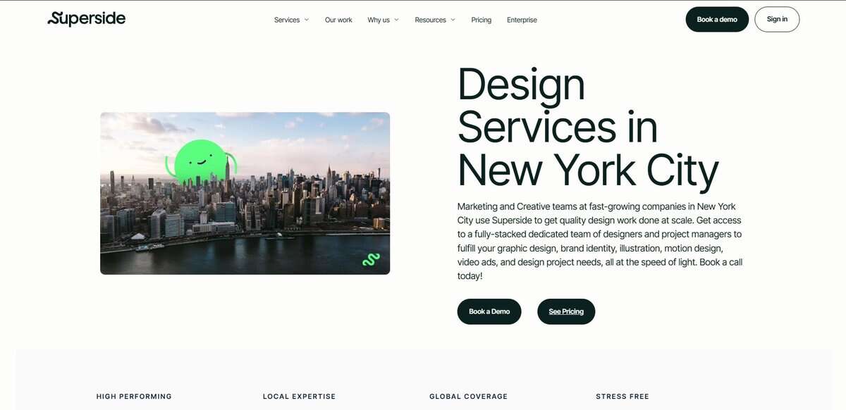 Screenshot of Superside homepage offering Design Services in New York City. testimonial