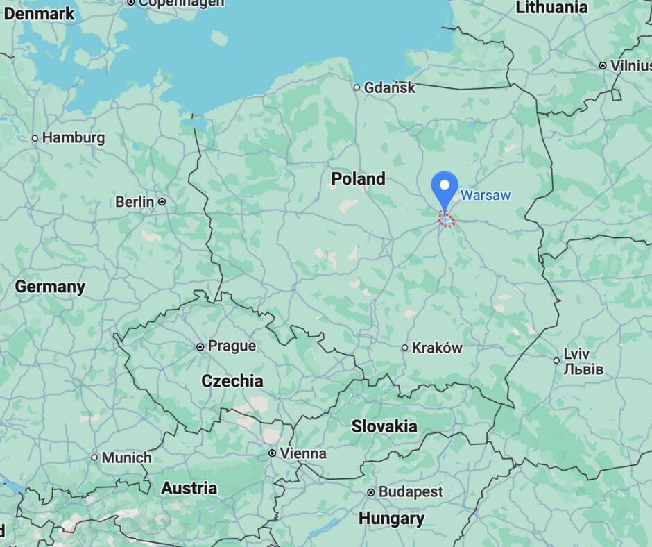 Map centered on Warsaw, Poland, showing surrounding countries. testimonial