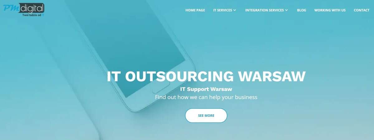 Screenshot of PM Digital IT Outsourcing Warsaw homepage. testimonial