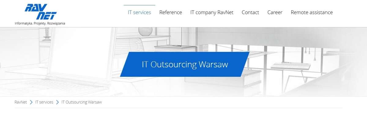 Screenshot of RavNet IT Outsourcing Warsaw homepage. testimonial