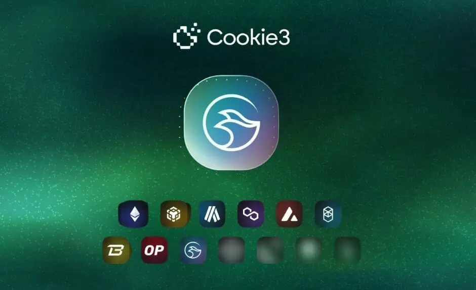 Cookie3 logo and app icon displayed on a futuristic green background with other crypto logos below.