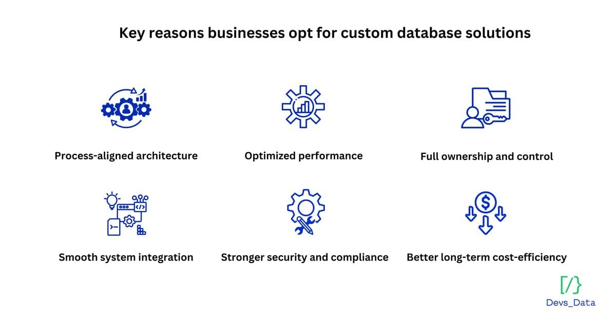 Infographic showing key reasons businesses opt for custom database solutions: Process-aligned architecture, Optimized performance, Full ownership, Smooth integration, Stronger security, and Better cost-efficiency. testimonial
