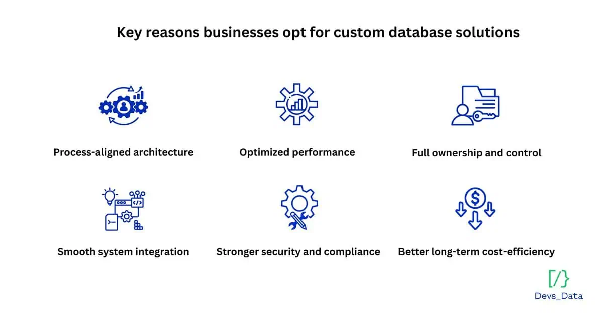 Infographic showing key reasons businesses opt for custom database solutions: Process-aligned architecture, Optimized performance, Full ownership, Smooth integration, Stronger security, and Better cost-efficiency.