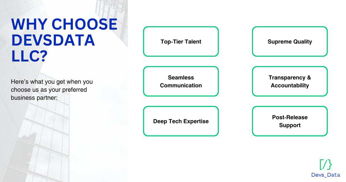 Infographic showing reasons to choose DevsData LLC: Top-Tier Talent, Supreme Quality, Seamless Communication, Transparency, Deep Tech Expertise, and Post-Release Support. testimonial