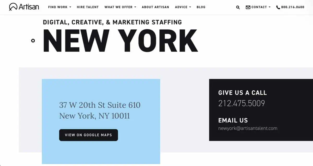 Artisan website screen