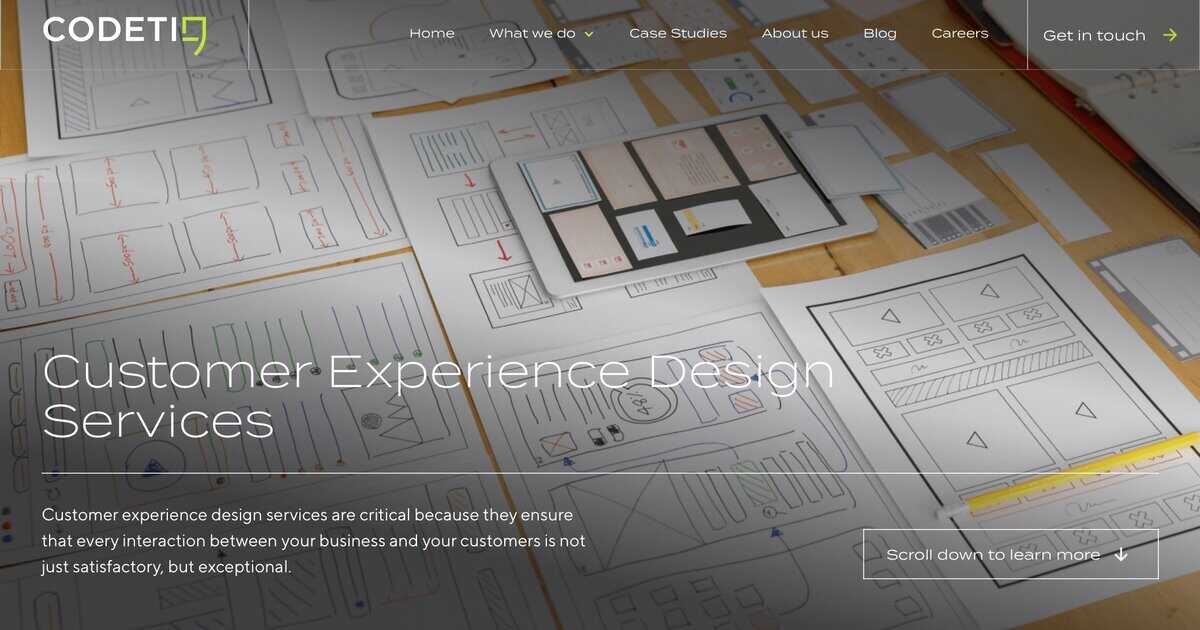 Screenshot of Codetiq homepage for Customer Experience Design Services. testimonial