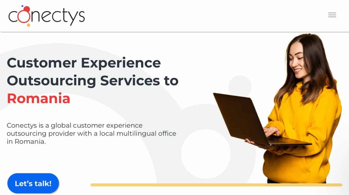 Screenshot of Conectys homepage for Customer Experience Outsourcing Services to Romania. testimonial