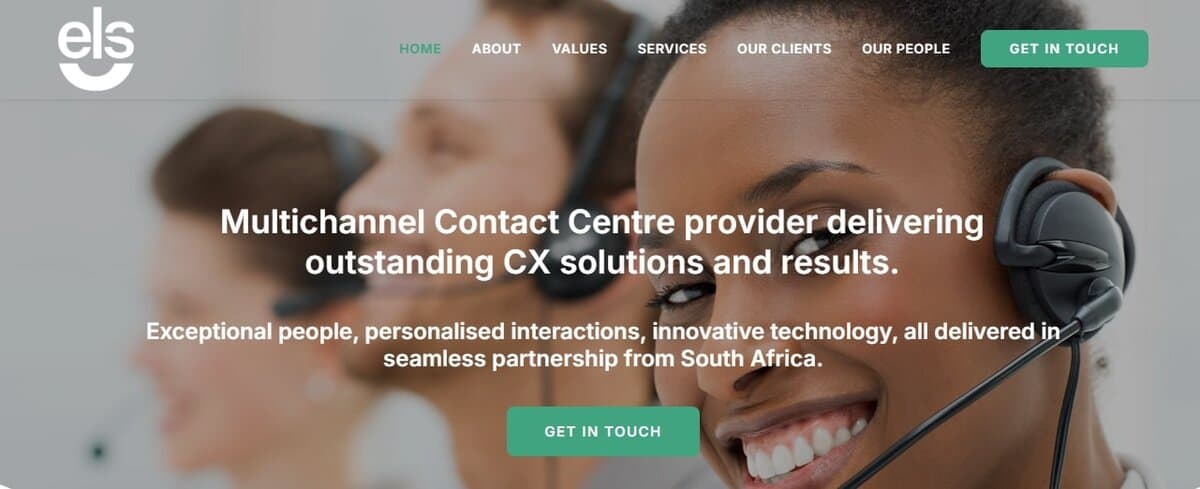 Screenshot of ELS Customer Experience homepage - Multichannel Contact Centre provider. testimonial
