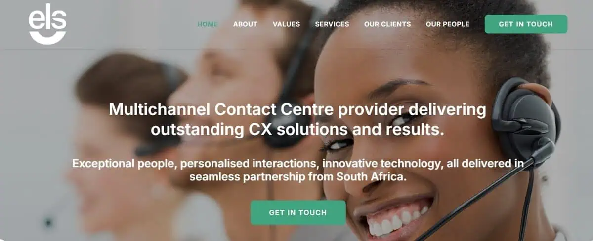 Screenshot of ELS Customer Experience homepage - Multichannel Contact Centre provider.