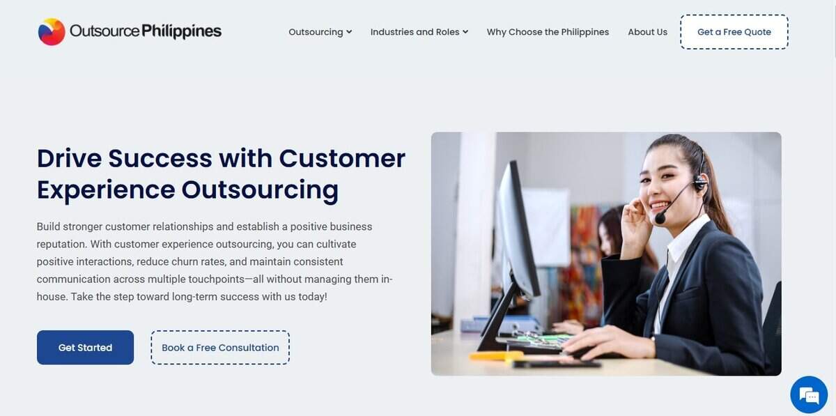 Screenshot of Outsource Philippines homepage for Customer Experience Outsourcing. testimonial