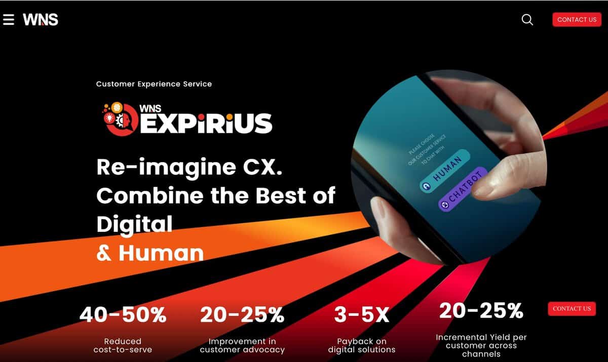 Screenshot of WNS Global Services homepage on Customer Experience Transformation. testimonial