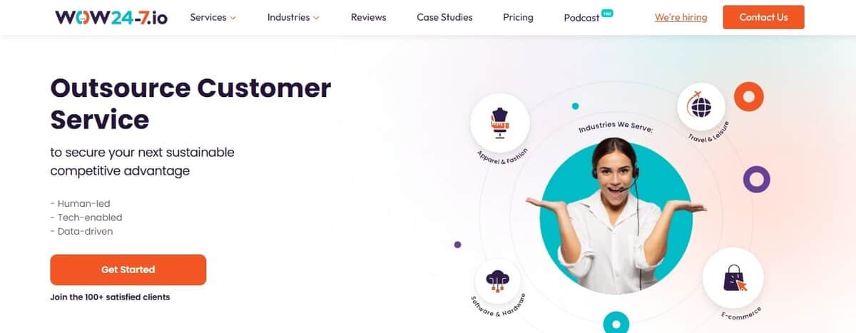 Screenshot of WOW24-7 homepage for Outsource Customer Service. testimonial