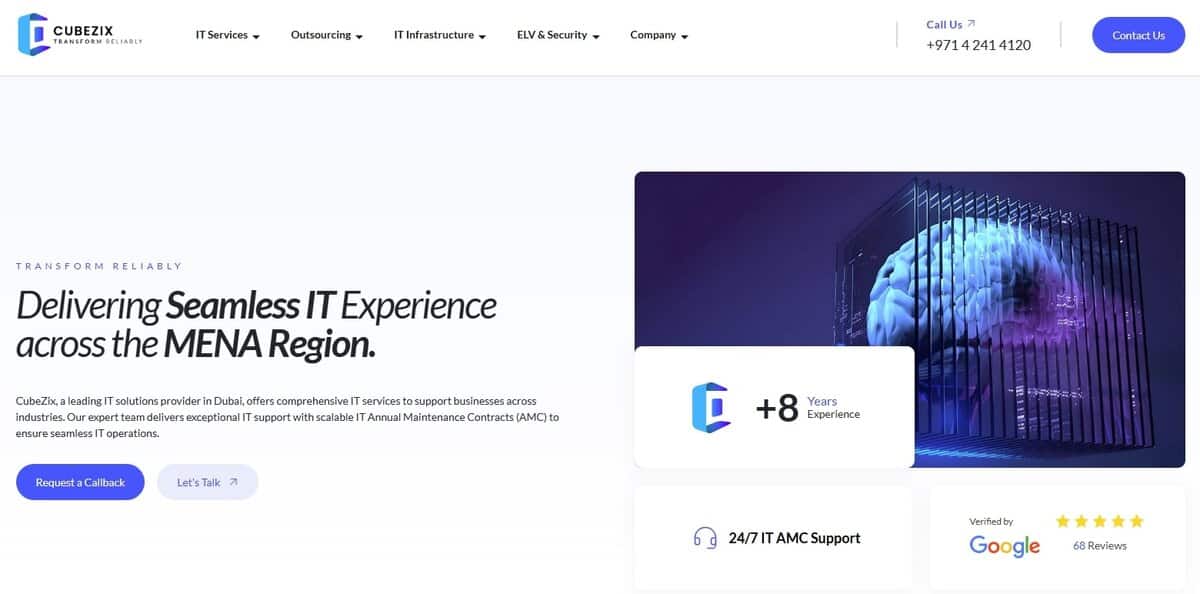 Screenshot of CubeZix homepage - Delivering Seamless IT Experience across the MENA Region. testimonial