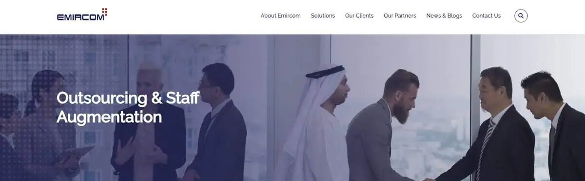 Screenshot of Emircom homepage for Outsourcing & Staff Augmentation.