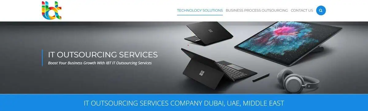 Screenshot of IBT IT Outsourcing Services Company Dubai homepage.