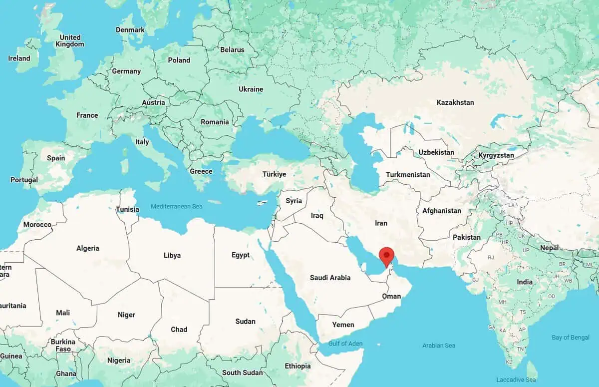 Map showing the location of Dubai and the UAE in the Middle East region.