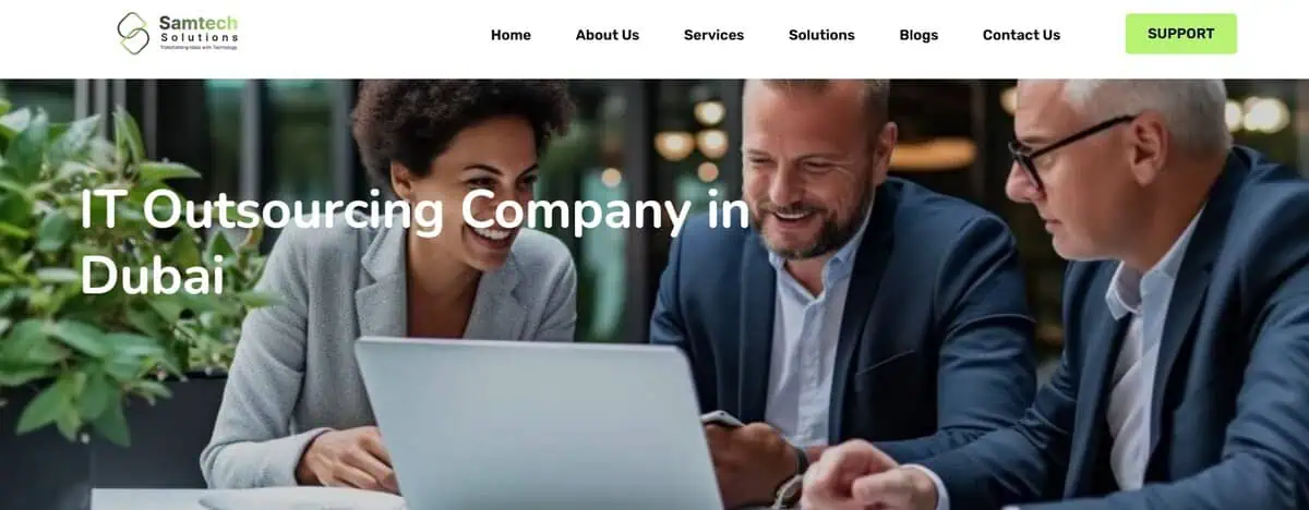 Screenshot of SamTech Solutions IT Outsourcing Company in Dubai homepage.