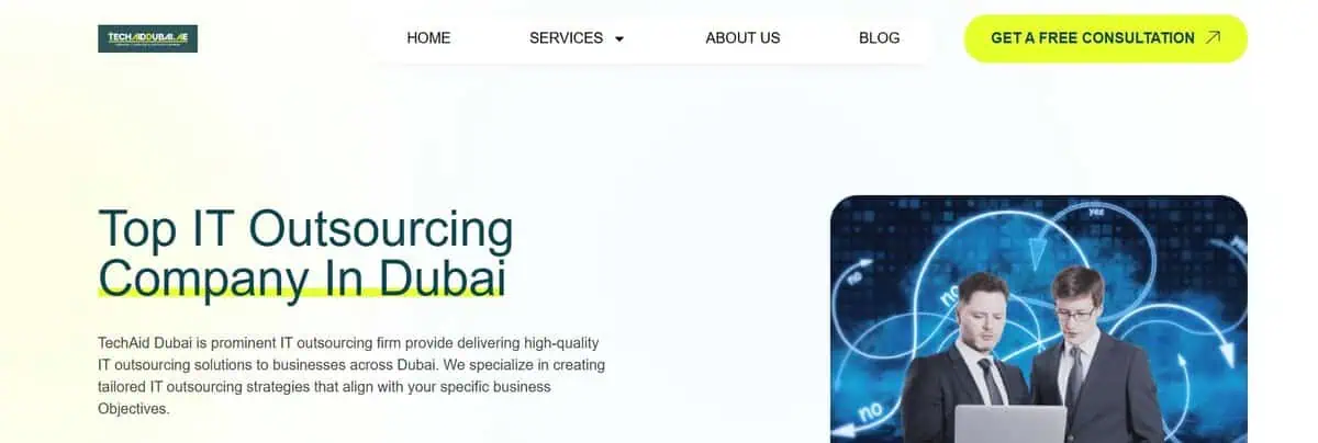 Screenshot of TechAid Dubai homepage - Top IT Outsourcing Company In Dubai.