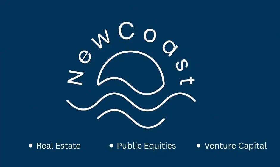NewCoast Group logo with menu items for Real Estate, Public Equities, and Venture Capital.