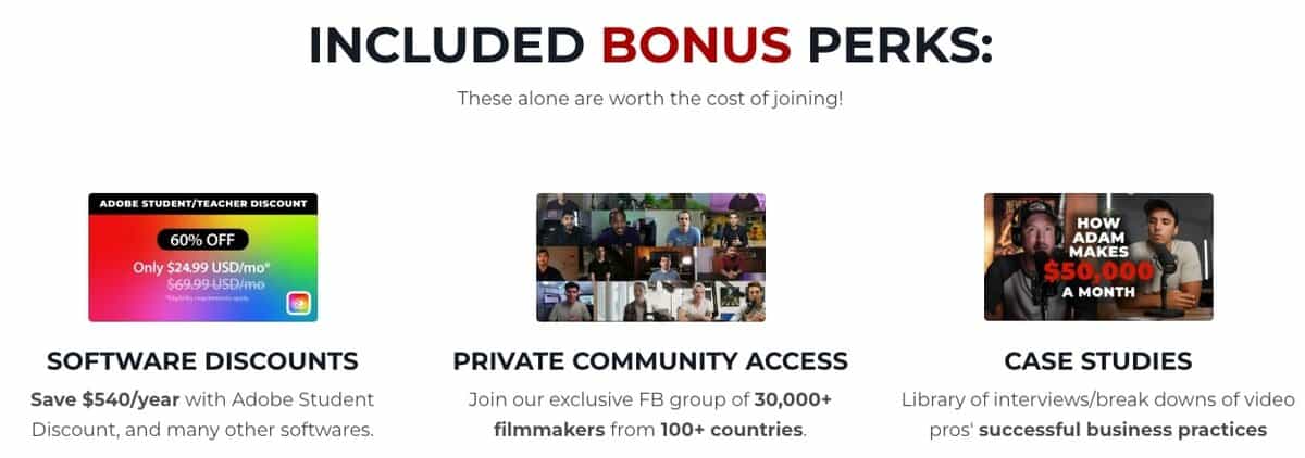 Infographic showing included bonus perks: Software Discounts, Private Community Access, and Case Studies. testimonial