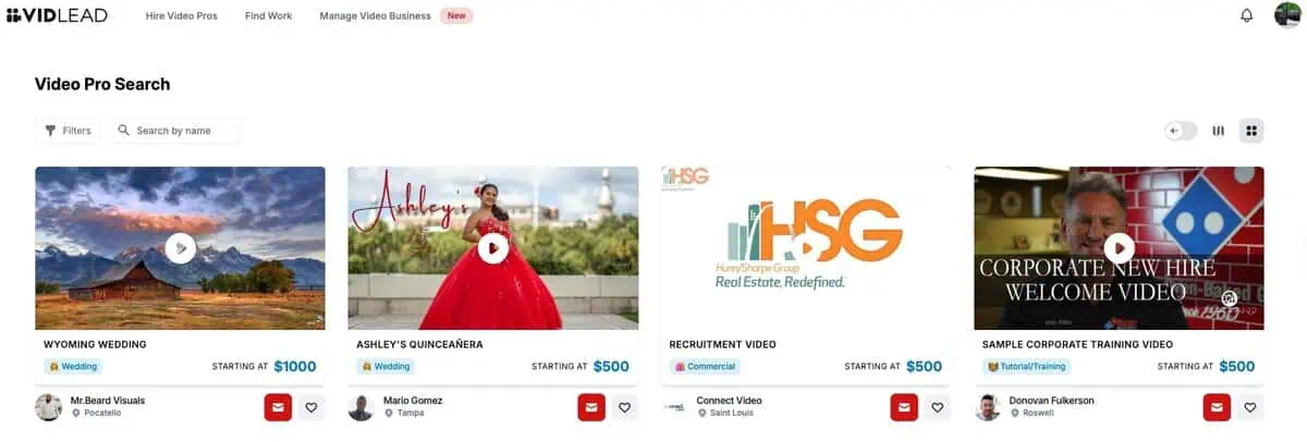 Screenshot of the VidLead marketplace Video Pro Search interface, showing various filmmaker profiles and video projects.